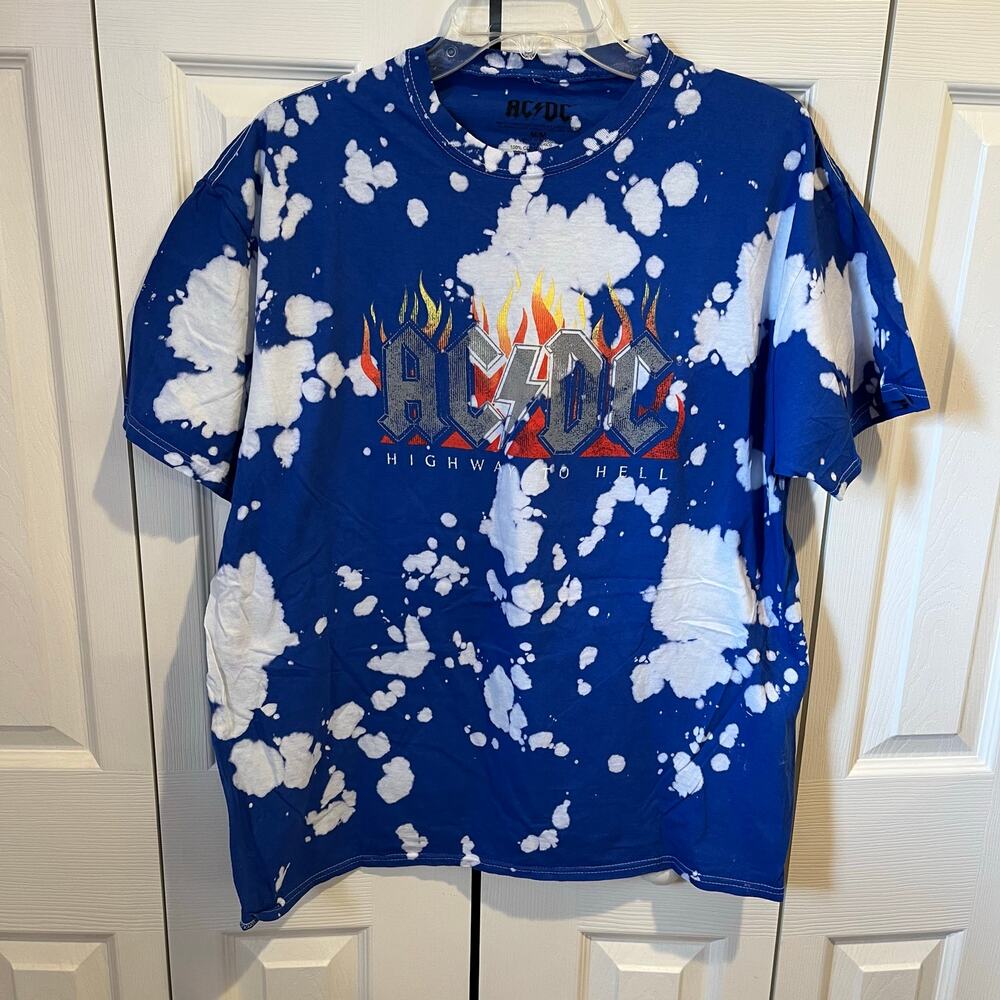 ACDC Shirt Highway To Hell Graphic Tie Dye Tee Blue White Medium